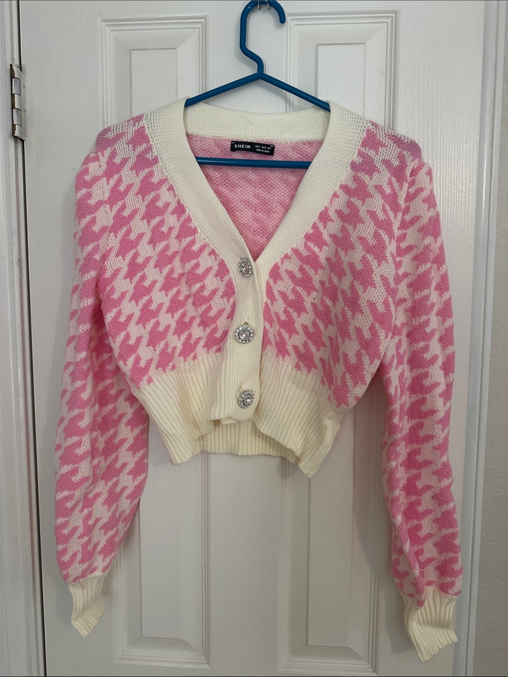SHEIN Pink & Cream Houndstooth V-Neck Cropped Cardigan